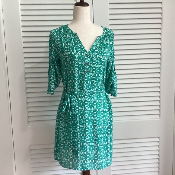 Banana Republic Green & White Print A-Line Dress Size 0 - Picture 3 of 13